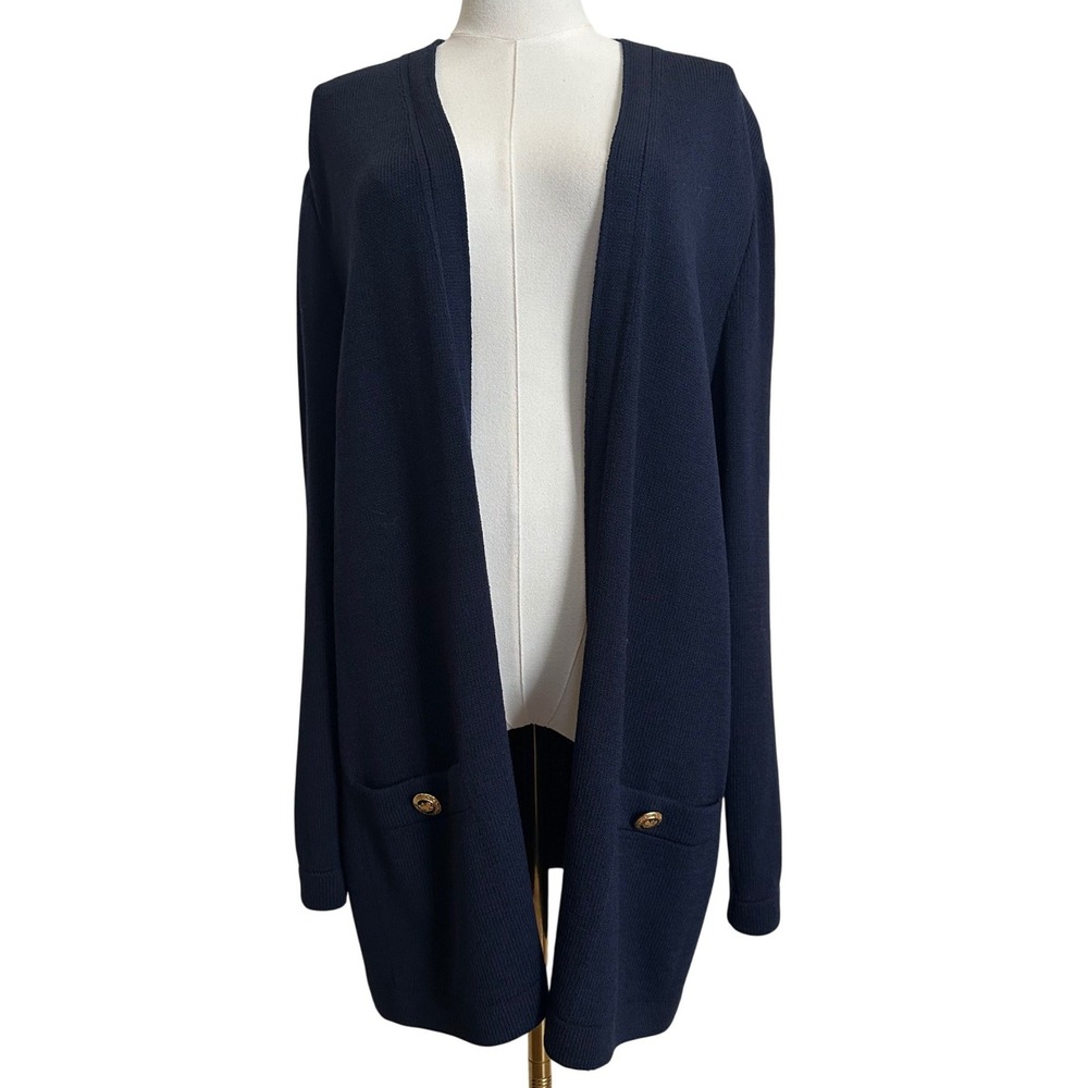 St John Basics Vintage Navy Blue Santana Knit Open Front Cardigan Jacket L